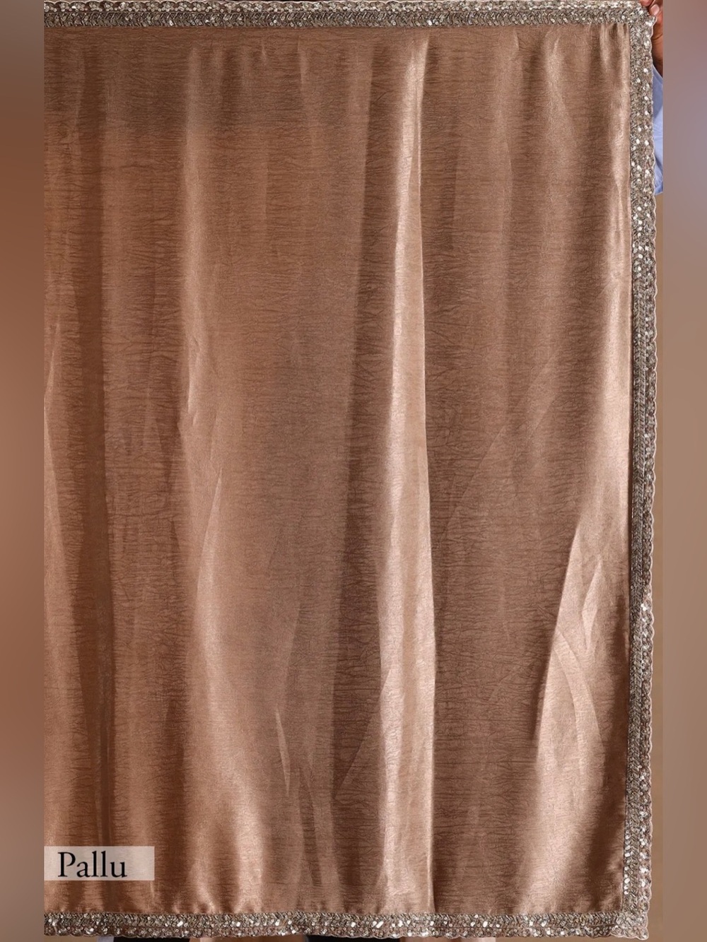 Elegant Beige Satin Saree with Silver Embellished Blouse - Picture 8 of 10